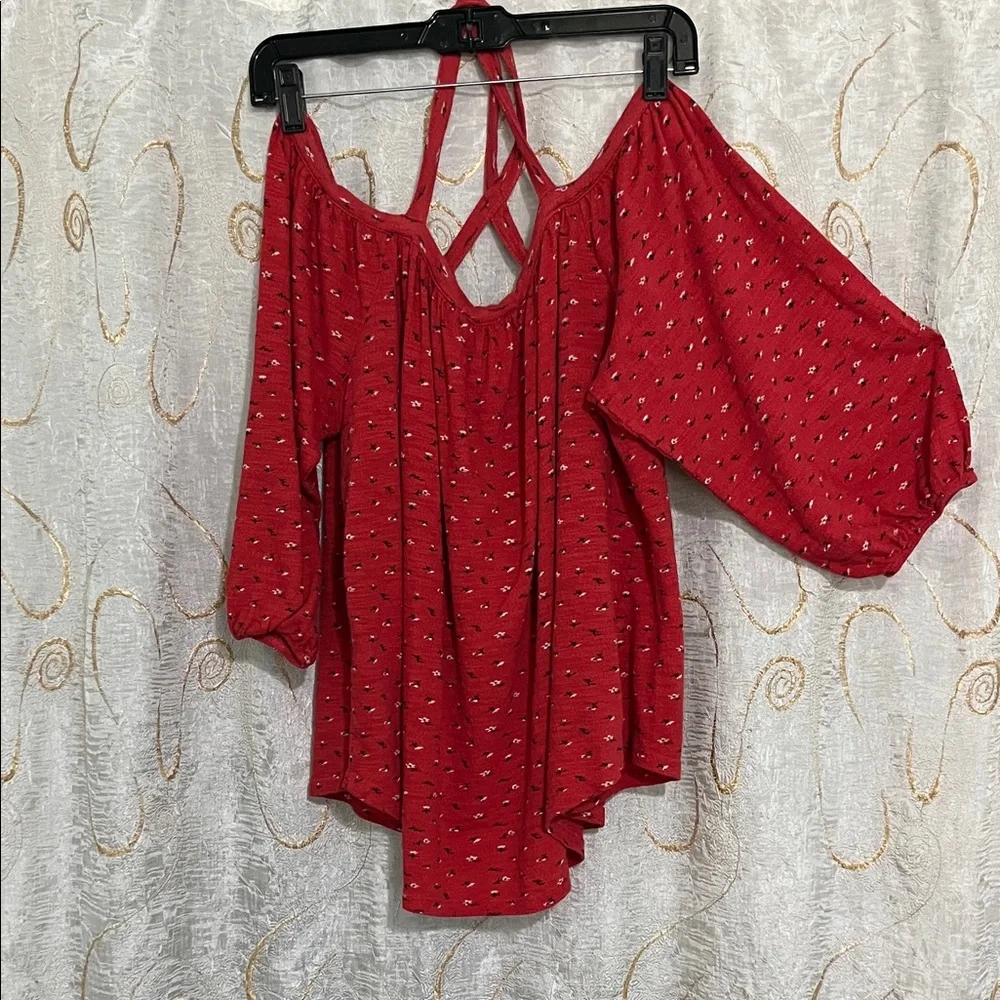 🌺Lucky Brand Red Off-Shoulder Blouse - Picture 3 of 4